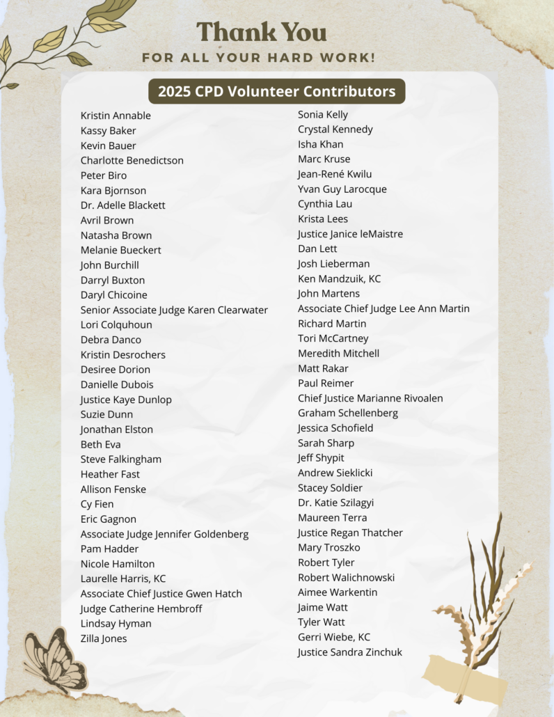 Thank you message recognizing 2025 volunteers on distressed scroll-style paper with floral elements and a butterfly.